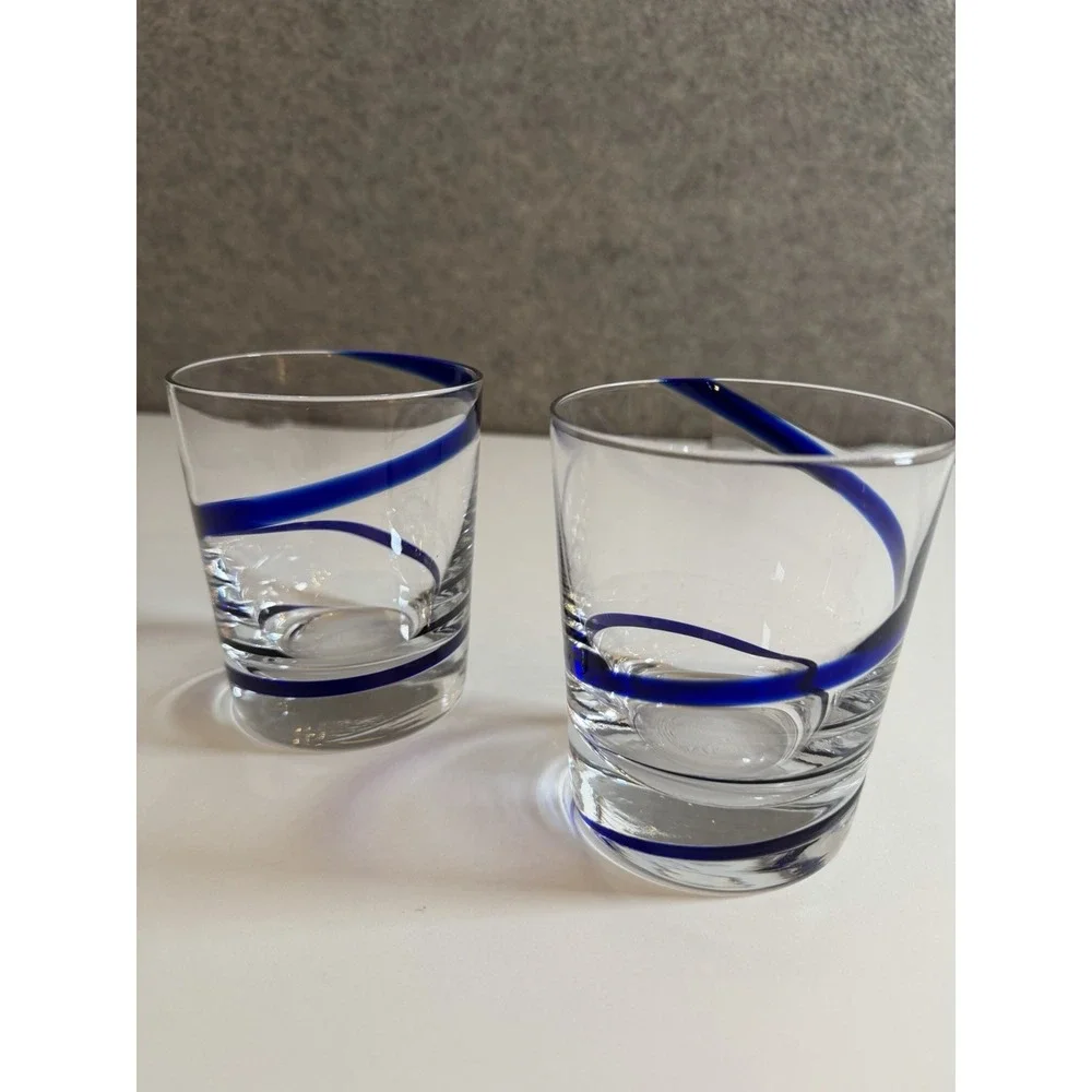 Pier 1 Swirline Cobalt Blue Double Old Fashioned Glass Blue Swirl 4